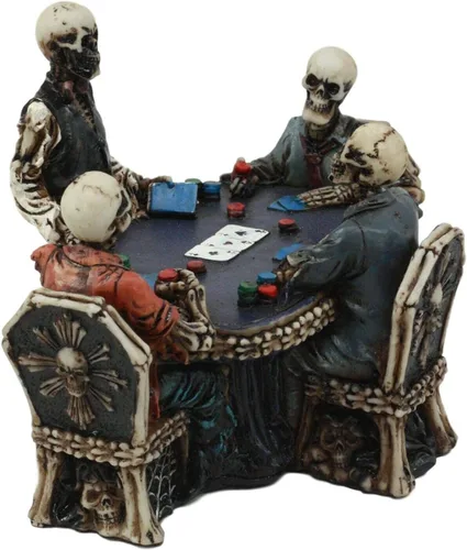 Vista 5 de Ebros Gambling Casino Poker for Eternity Skeleton Dealer with Players at Table Figurine 6.25" Long Osario Macabra Halloween Escultura decorativa