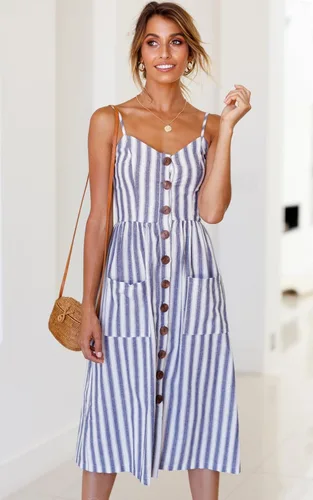 Vista 58 de Angashion - Vestido floral de verano estilo bohemio para mujer, con botones, bolsillos y tiras ajustables