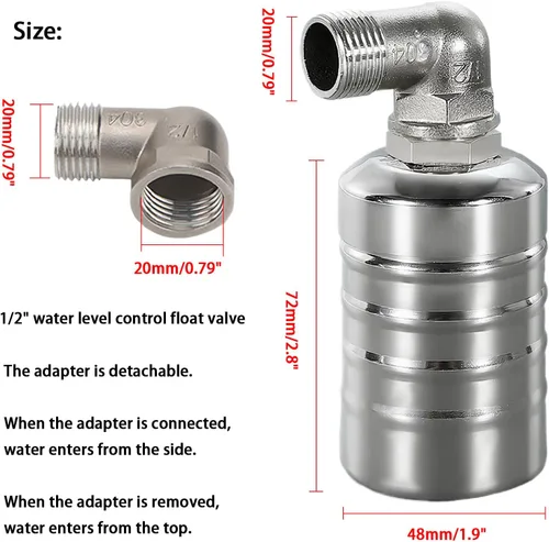 Vista 2 de Válvula de flotador de control de nivel de agua + accesorio de mamparo, válvula de bola automática de interruptor de flotador 304 de 1/2 pulgada