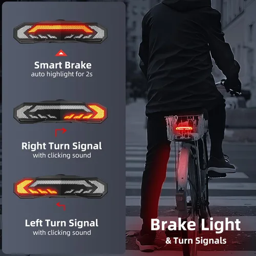 Vista 6 de WSDCAM Smart Bike Seat/Bike Basket Tail Light with Turn Signals and Brake Light, Bike Alarm Horn with Remote, Rechargeable Rear Bike Light for Night
