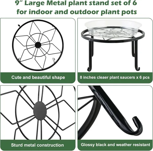 Vista 2 de Paquete de 6 soportes de metal grandes de 9 pulgadas para interiores y exteriores, soporte para plantas en maceta de hierro a prueba de óxido