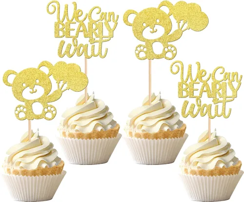 Vista 10 de 24 PIEZAS Oso de Peluche con Texto "We Can Bearly Wait" Adornos de Cupcake con Purpurina, Globo Oso para Revelación de Género, Adornos de Baby