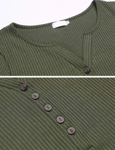 Vista 3 de Tobrief Camisas Henley de manga larga con cuello en V para mujer, suéter de punto acanalado con botones