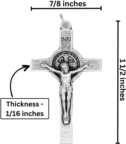 Vista 6 de Caritas et Fides Paquete de 10 crucifijos de San Benito (crucifijo de 1.5 pulgadas, plata oxidada) – Suministros para hacer rosarios a granel