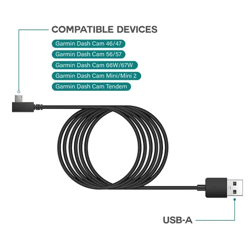 Vista 4 de TUSITA Cable de alimentación extra largo (26 pies 26.2 ft), cable extensor micro USB compatible con Garmin Dash Cam Mini 2, tándem