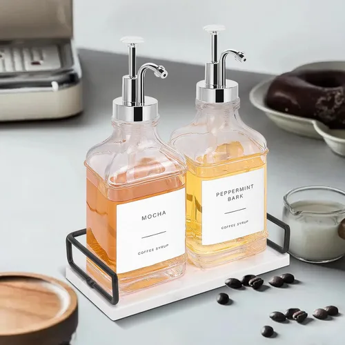 Vista 5 de Dispensador de jarabe de café BathAce para barra de café, botellas de jarabe de vidrio transparente con bomba, almacenamiento recargable para jarabe