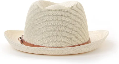 Vista 5 de TIALARTS Sombrero de paja Fedora para hombre y mujer, ala ancha, para verano, playa, paja para exteriores, sombrero cubano Trilby