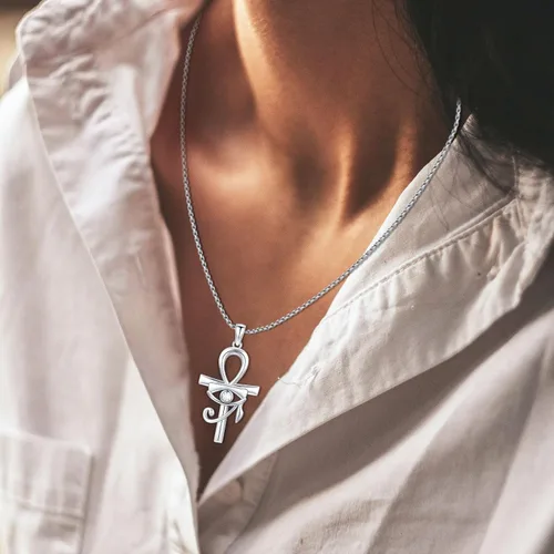 Vista 3 de Eye Of Horus Necklace 925 Sterling Silver with Blue Zircon Ankh Cross Necklace Necklace Evil Eye Necklace Amulet Necklace Ancient Egyptian Jewelry