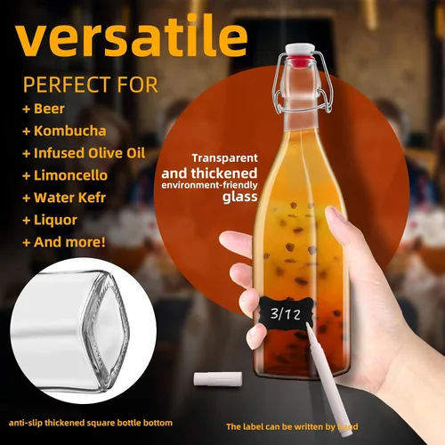 Vista 3 de Paquete de 2 botellas de vidrio cuadradas de 25 onzas, botellas de 25 onzas líquidas con tapones herméticos para kombucha, kéfir, extracto