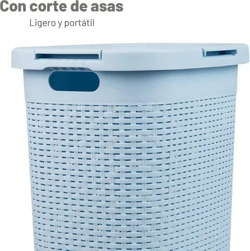 Vista 4 de Mind Reader Cesta de lavandería delgada con tapa, cesta de ropa de 60 L, diseño de mimbre premium, plástico, azul bebé