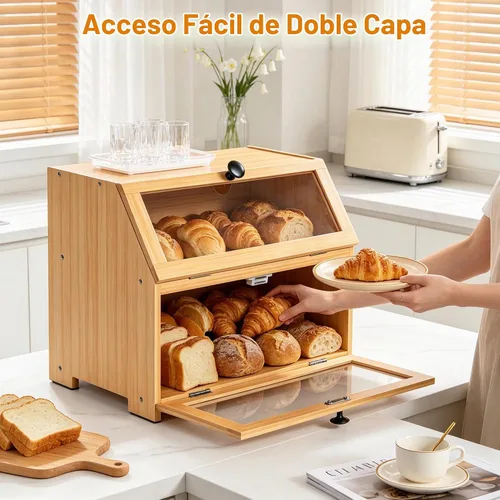 Vista 7 de Panera de bambú para encimera de cocina, contenedor grande de almacenamiento de pan recipiente portapanes de 2 capas para encimera de cocina Natural