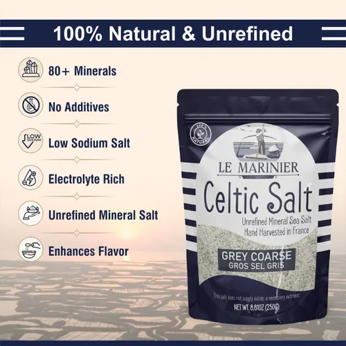 Vista 4 de Le Marinier Sal celta orgánica gris gruesa, 0.6 libras - 8.81 onzas. 100% natural y sin refinar. Sal marina francesa rica en minerales. Sal mineral