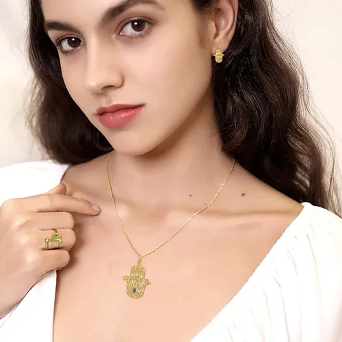 Vista 2 de Evil Eye Hamsa Hand of Fatima Lotus Yoga Buddha AnilloPendientesColgante Collar de Plata de Ley 925 Plata de Ley 925 Chapado en Oro de 18 KtOro Rosa