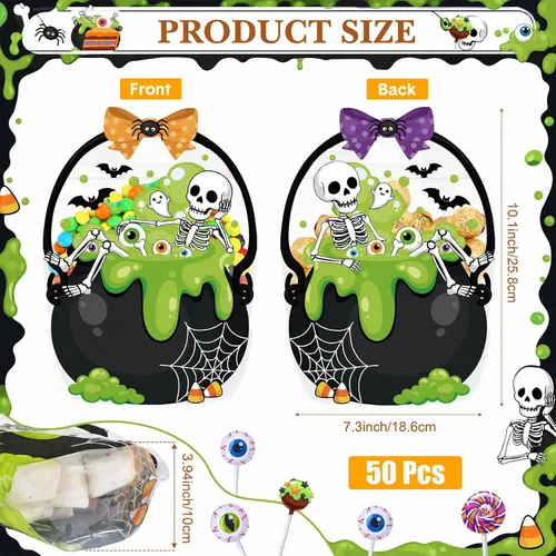Vista 2 de Fuutreo 50 bolsas de regalo de Halloween con asas, plástico de esqueleto
