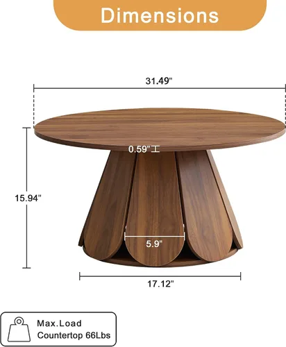 Vista 2 de Mesa de centro redonda, moderna mesa central circular de madera con base de pedestal para espacios pequeños, sala de estar, apartamento, nogal