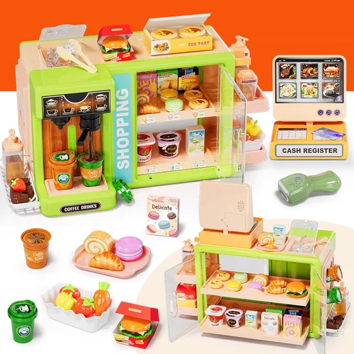Vista 3 de Pupu Pig Play Food Store Juguetes para niños, tienda de comestibles de juego de simulación con caja registradora para niños con pedido de voz