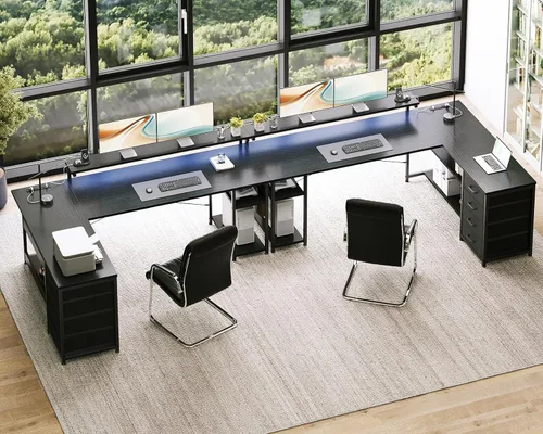 Vista 9 de AODK - Escritorio en forma de L de 61" con cajón, escritorio para computadora con tomas de corriente y luces LED, escritorio de esquina reversible