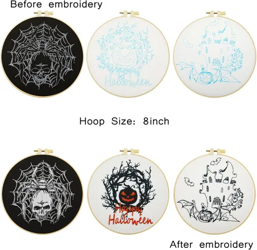 Vista 6 de Armindou Kit de bordado de Halloween para principiantes y adultos, kit de punto de cruz estampado para adultos principiantes, kit de bordado a mano