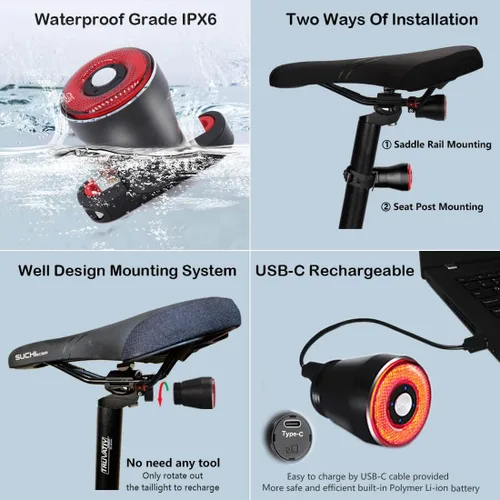 Vista 6 de Padonow Luz trasera de bicicleta inteligente: luces intermitentes de encendido/apagado automático, linterna de advertencia LED con parte trasera