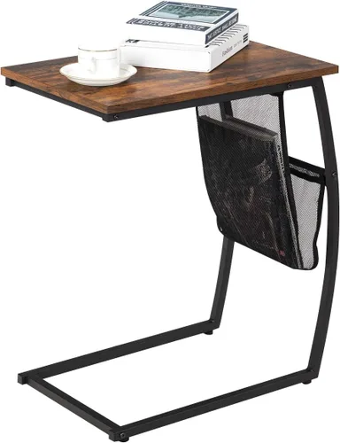 Vista 8 de Tangkula Mesa auxiliar para sofá, mesa C con bolsillo lateral y marco de metal, mesa auxiliar industrial para sofá, cama, sala de estar, dormitorio