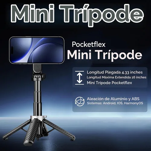 Vista 2 de Trípode magnético multifuncional 4 en 1, palo selfie portátil para iPhone y Android con control remoto desmontable y anillo de metal, trípode