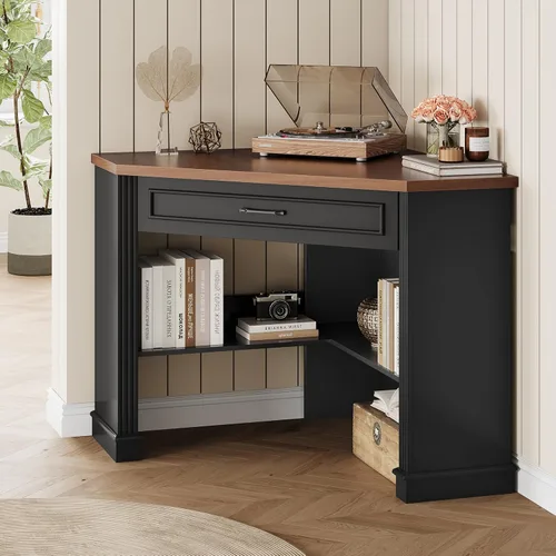 Vista 6 de SEDETA Farmhouse Corner Desk for Small Space, White Small Computer Desk Black and Brown