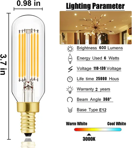 Vista 7 de Leools Bombilla LED E12 regulable de 6 W igual a 60 W, luz blanca suave 3000K T6 T25 E12 bombilla de candelabro de 60 vatios para candelabros