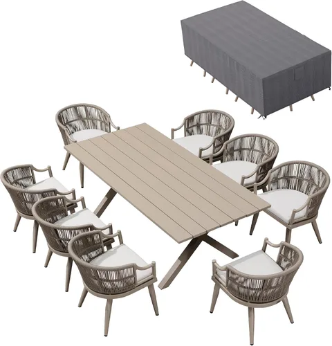 Vista 29 de PURPLE LEAF Juego de comedor de patio para 6 respaldos ergonómicos y cojín Champán