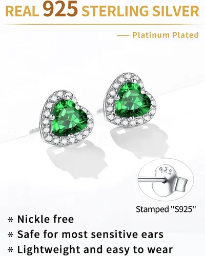 Vista 9 de ChicSilver Aretes de plata de ley 925 con forma de corazón, redondo, pera, esmeralda, piedra natal con halo para mujer, joyería de cumpleaños