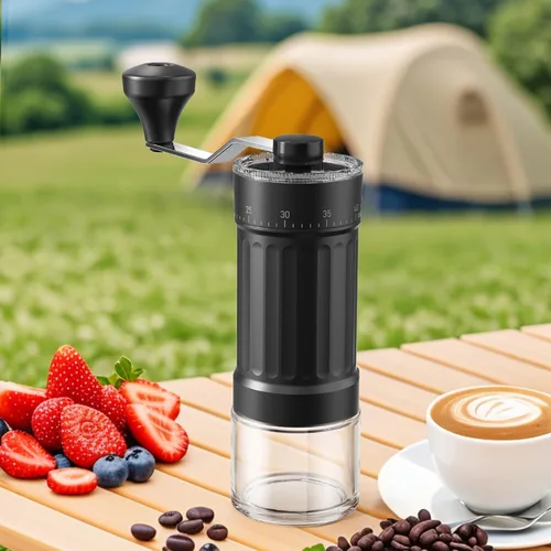 Vista 5 de Mini molinillo de café manual con 40 ajustes ajustables, molinillo de café portátil de mano con capacidad de 1.06 oz, molinillo compacto de rebabas