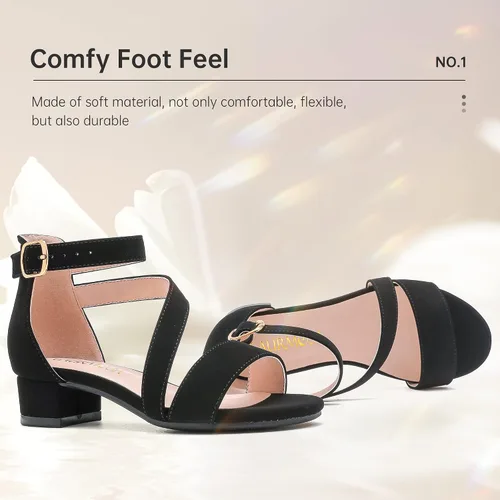 Vista 4 de Sandalias para niñas con tacón para niños con punta abierta y correa de tobillo, zapatos de vestir con flores para bodas y fiestas para niños