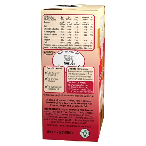 Vista 2 de NESCAFÉ Gold Cappuccino Original, 8 sobres, 4.80 oz (paquete de 6, total 48 bolsitas)
