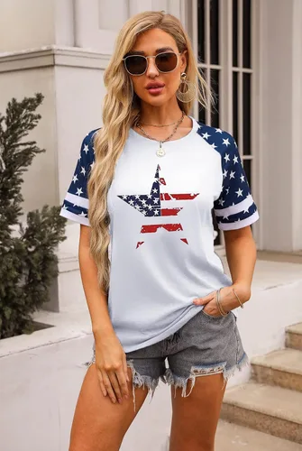 Vista 3 de BANGELY - Camiseta de la bandera americana, camisas patrióticas, camisa de veteranos, raglán, manga corta, rayas y estrellas