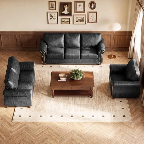 Vista 15 de Juego de sofá con remaches de 88 pulgadas, sofá biplaza moderno con brazo ancho, marco de madera maciza para sala de estar, sofá moderno para Marrón