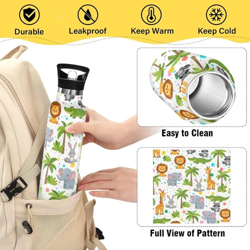 Vista 4 de Kids Water Bottle for School Leakproof Sports Water Bottle for Kids for Boys Girls 20oz, BPA-Free, Cute Cartoon Animals Lions