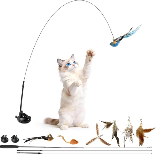 Vista 7 de Juego de juguetes interactivos de simulación de plumas de gato, varita retráctil para gatos, base de ventosas, incluye 7 piezas desmontables
