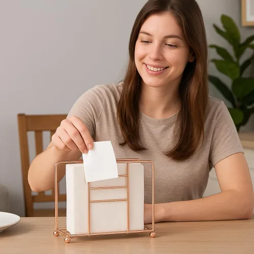 Vista 6 de Creative Home Servilletero de alambre de oro rosa para mesa, organizador de servilletas de metal chapado en cobre para encimera de cocina, mesa