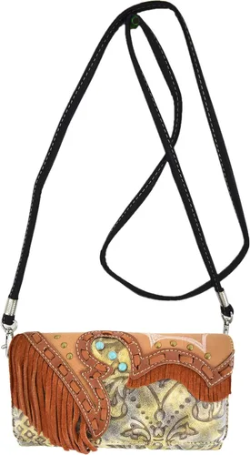 Vista 5 de Estilo occidental Fringe Conchos Gema Rhinestone tachonado tejido cuero bolso país bolso mujeres hombro cartera conjunto