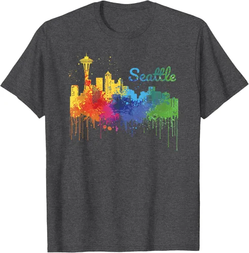 Vista 24 de Seattle Washington Skyline Watercolor Souvenir Seattle Camiseta, Negro