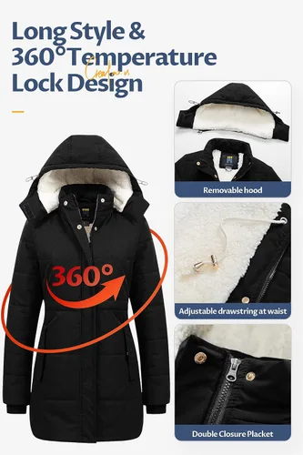 Vista 5 de CREATMO US Abrigo de invierno de sherpa grueso para mujer, chaqueta de nieve cálida con capucha extraíble