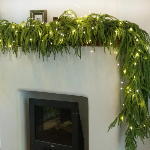 Vista 9 de MISSPIN 6ft Christmas Garland with String Lights, Real Touch Norfolk Pine Garland, Green Artificial Greenery Garland for Table, Mantle, Wall