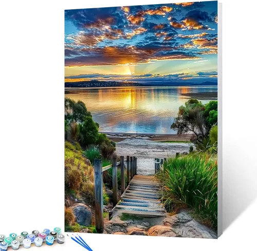 Vista 14 de Tucocoo Pintura enmarcada de árbol en forma de corazón por números para adultos principiantes, campo de rosas rojas al atardecer, kit de pintura
