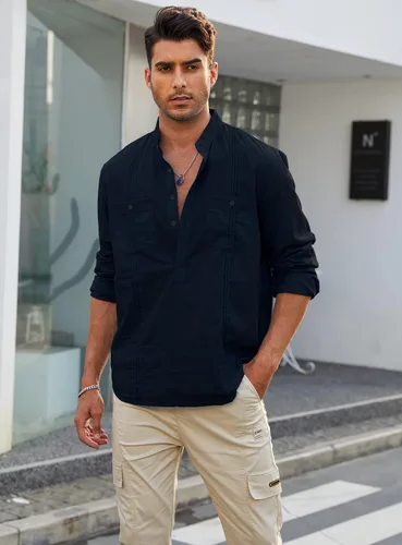 Vista 2 de Uiriuy Camisas Guayabera de lino con botones y manga larga para hombre