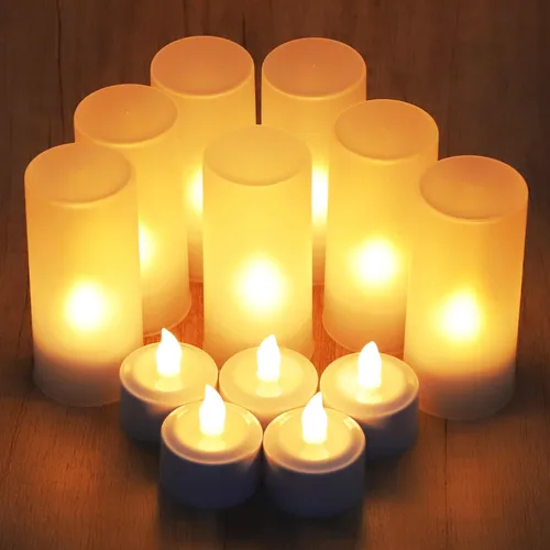 Vista 4 de 12 velas sin llama, velas LED recargables, velas eléctricas que funcionan con pilas con base de carga. Velas falsas perfectas para decoración