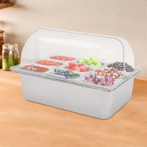 Vista 10 de Recipiente de acero inoxidable para servir alimentos de 4 bandejas con tapa, servidor de condimentos con cucharas, abrazaderas, bolsas de agua