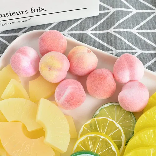 Vista 7 de Melocotón artificial, mini fruta falsa de simulación de melocotón rosa amarillo melocotón modelo de fruta falsa para el hogar, casa, cocina, fiesta