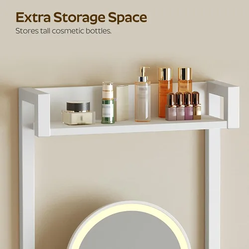 Vista 6 de YATINEY Escritorio pequeño sin espejo, mesa de tocador de maquillaje para espacios pequeños, tocador blanco compacto con panel plegable y cajón