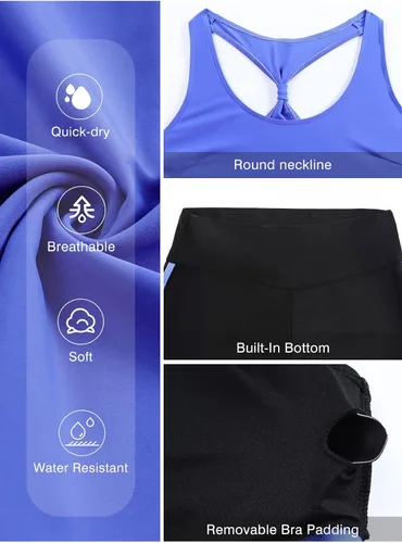 Vista 5 de Aleumdr Traje de baño deportivo de 3 piezas para mujer con pantalones cortos, camiseta sin mangas con brasier deportivo y pantalones cortos