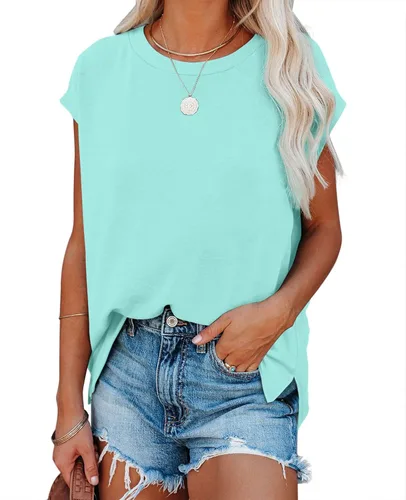 Vista 2 de SAMPEEL Womens Summer Shirts Crew Neck Basic Cap Sleeve T Shirts Side Slit Tops
