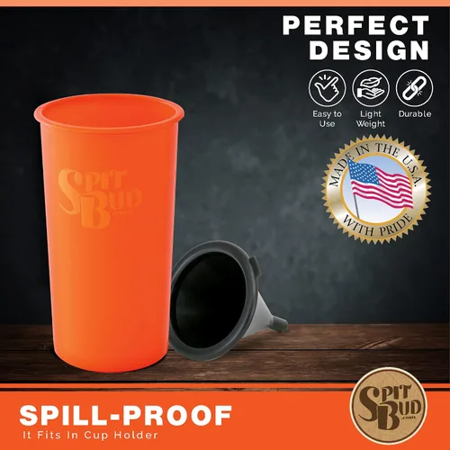 Vista 5 de Spit Bud Escupidera Original Hunter Naranja para Masticar - Taza Portátil con Tapa, Aleta de Apertura, Embudo a Prueba de Derrames - Se Adapta a